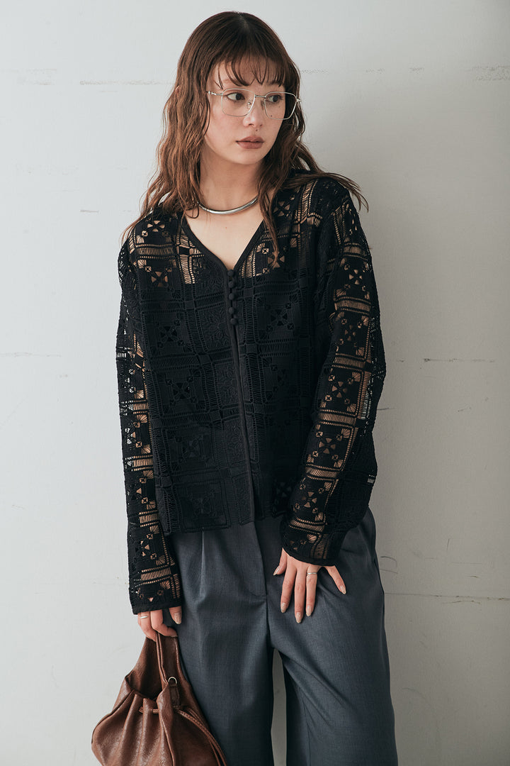 [SET]クロシェレースカーディガン+センタープレスセミワイドパンツ(2set)