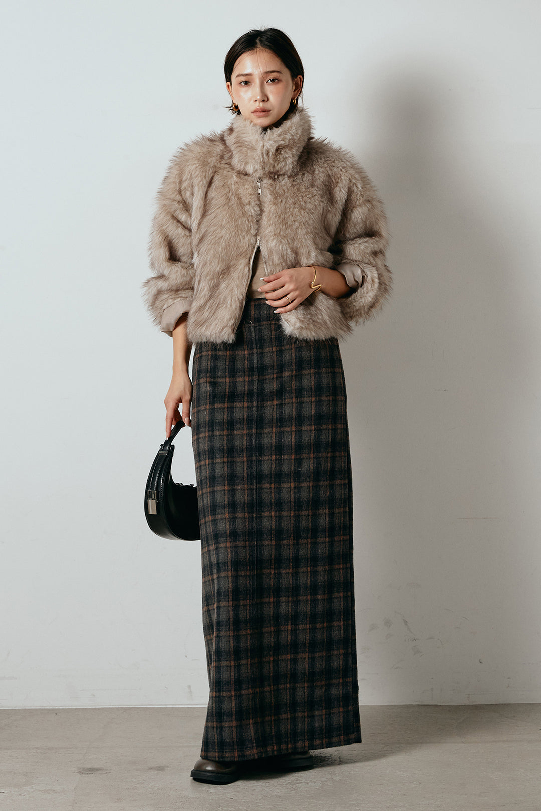 [SET]エコファーショート丈ブルゾン+シャギーチェックストレートスカート(2set)