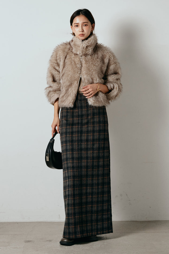 [SET]エコファーショート丈ブルゾン+シャギーチェックストレートスカート(2set)