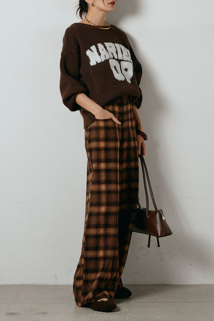 [SET]ロゴジャガードニットトップス+ルーズタータンチェックワイドパンツ(2set)