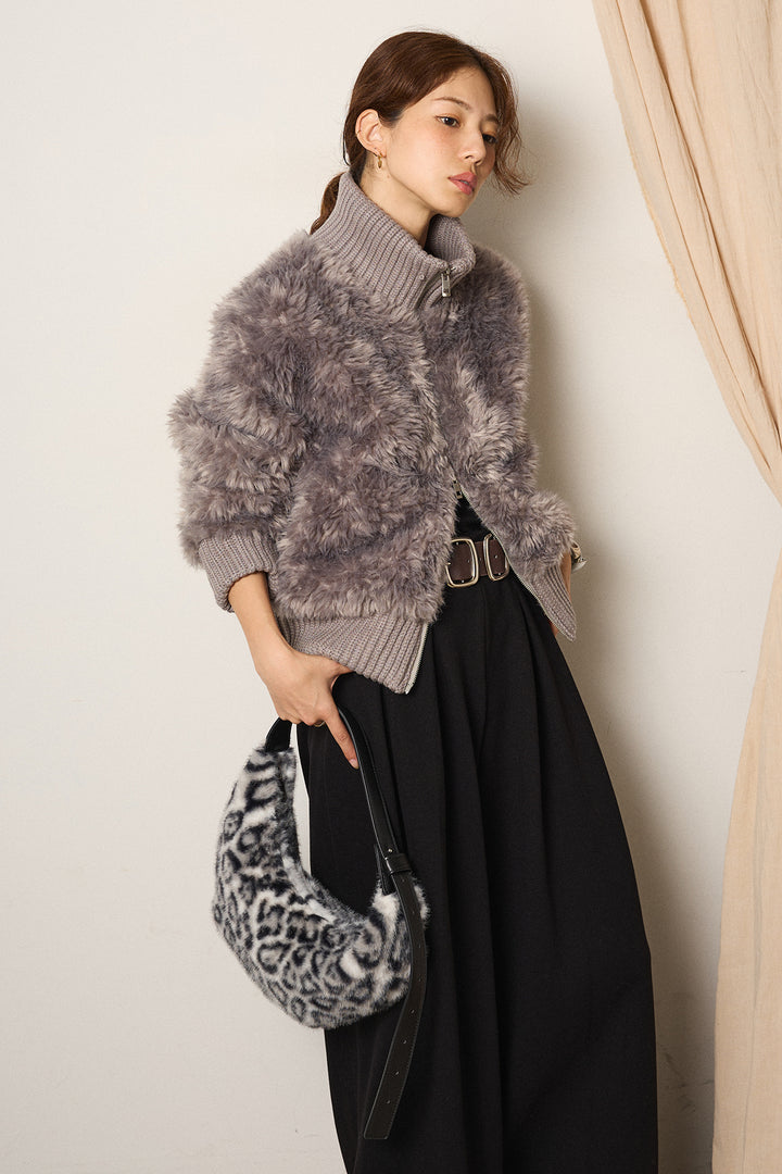 [SET]ハイネックボアブルゾン+フェイクレザー太ベルト付きタックワイドパンツ(2set)