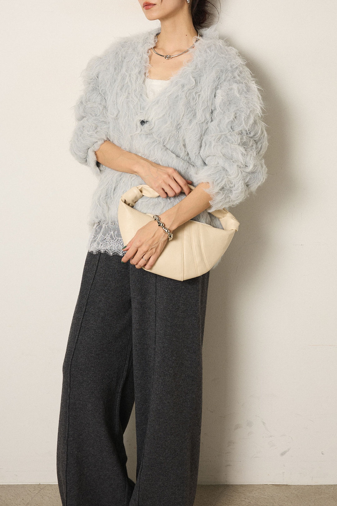 [SET]起毛シャギーニットカーディガン+レース切り替えキャミソール(2set)