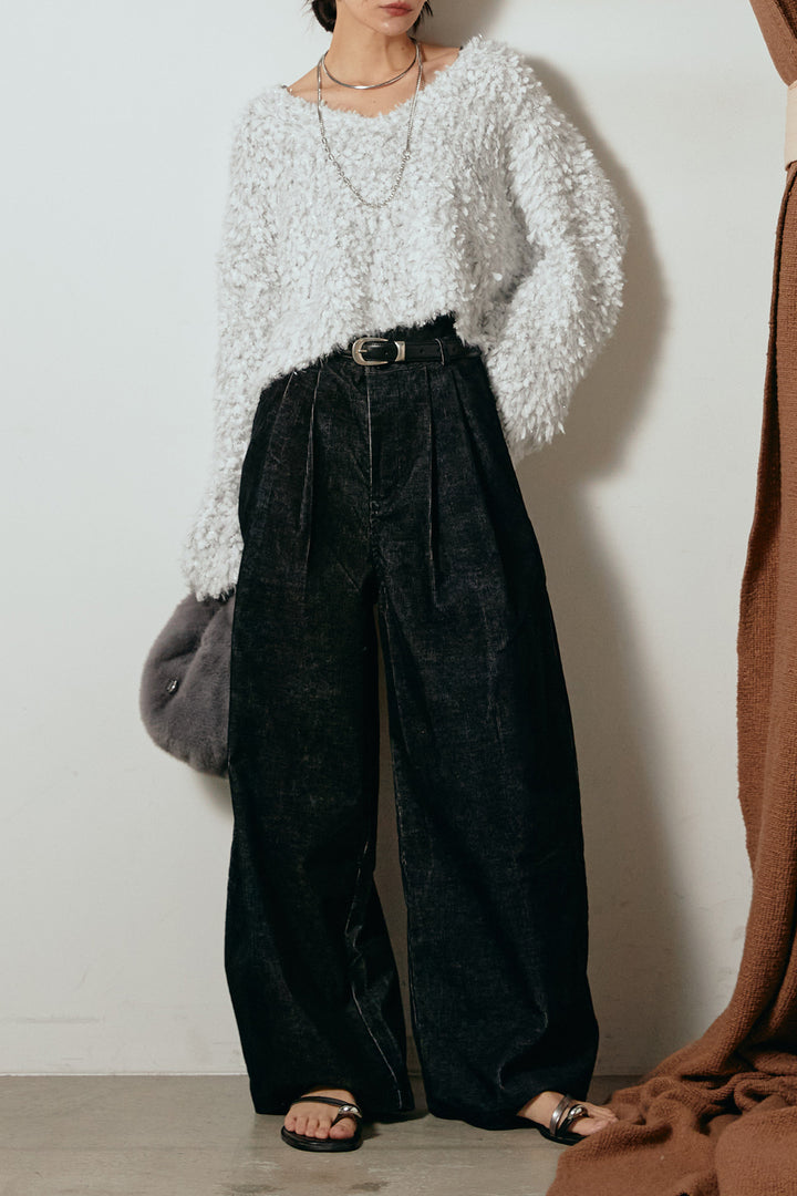 [SET]深Vネックチョウチョヤーンニットトップス+フロントタック入りコーデュロイパンツ(2set)