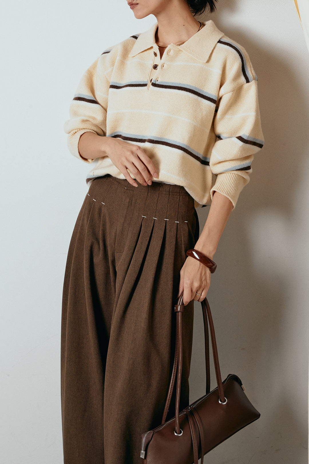 [SET]襟付きマルチボーダーニットポロトップス+ウエストステッチデザインワイドスラックス(2set)