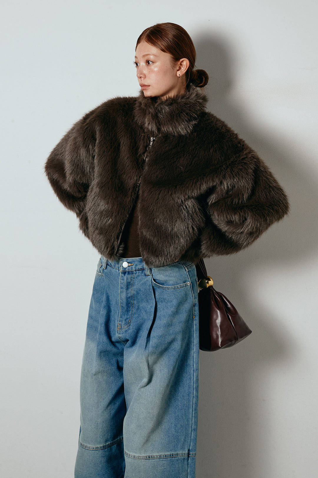 [SET]エコファーショート丈ブルゾン+加工デニムタックコクーンワイドパンツ(2set)