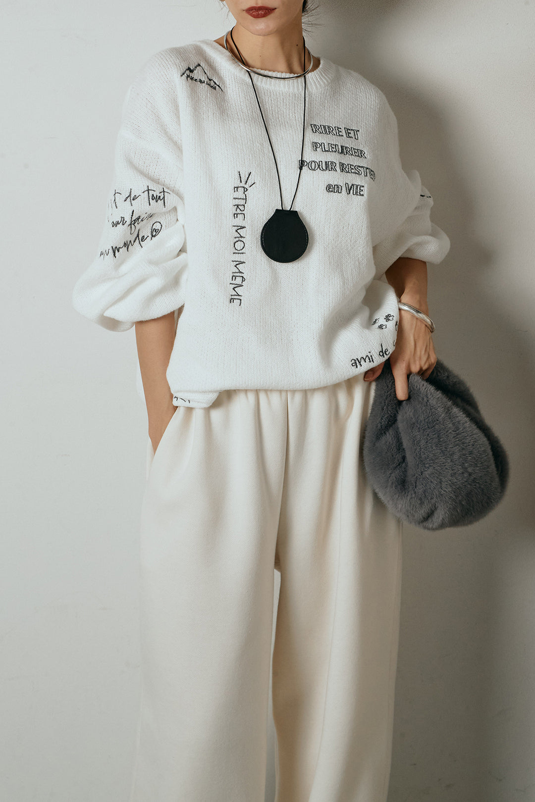 [SET]刺繍ロゴランダムデザインニットトップス+裏起毛スウェットワイドパンツ(2set)