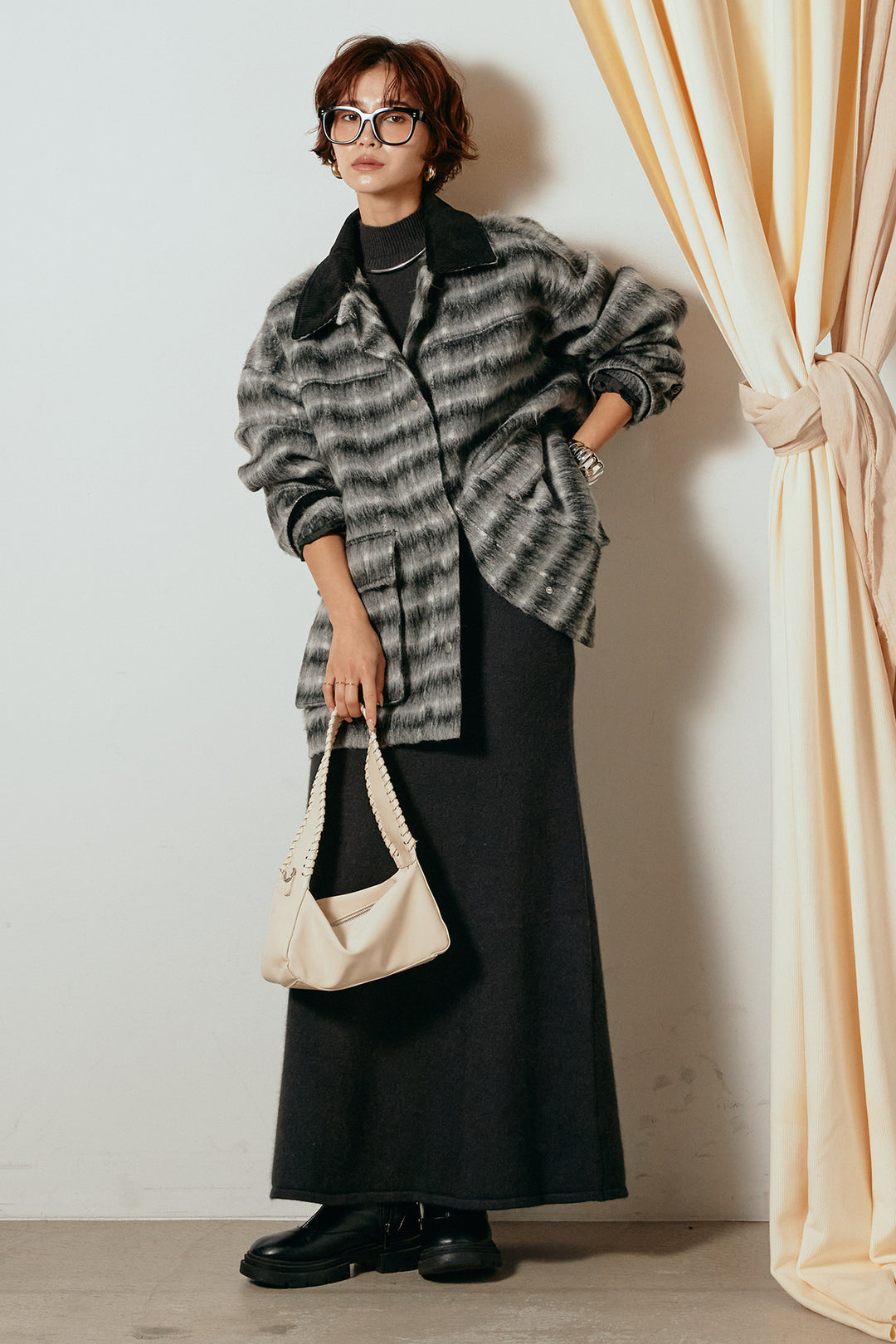 [SET]チェックシャギーミドルカバーオール+ノースリーブニットロングワンピース(2set)