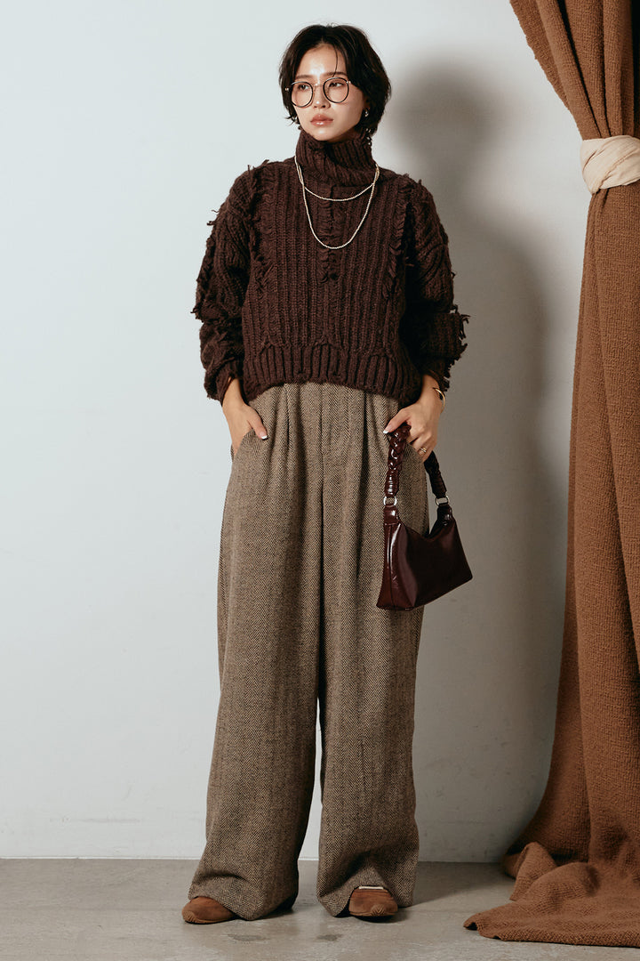 [SET]フリンジタートルショートニット+クラシックヘリンボーンサロペット(2set)