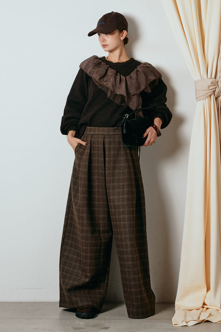 [SET]アシンメトリーフリルニットトップス+ウールライクチェックタックパンツ(2set)
