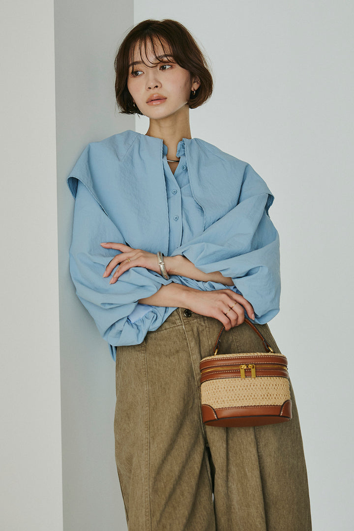 [SET]ケープカラーナイロンブラウス+サイドベルトカーブワイドパンツ(2set)