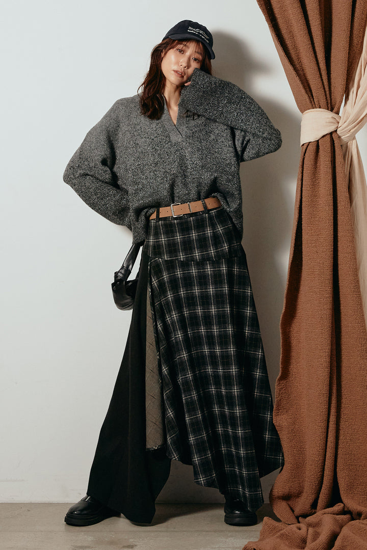 [SET]グラデーションラメニットキーネックプルオーバー+フェイクレザーベルト付き切り替えタータンチェックスカート(2set)