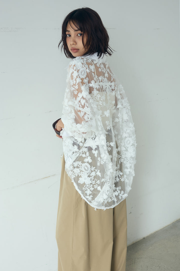 [SET]立体フラワー刺繍レースシャツ+ベルトループデザインハイウエストタックパンツ(2set)