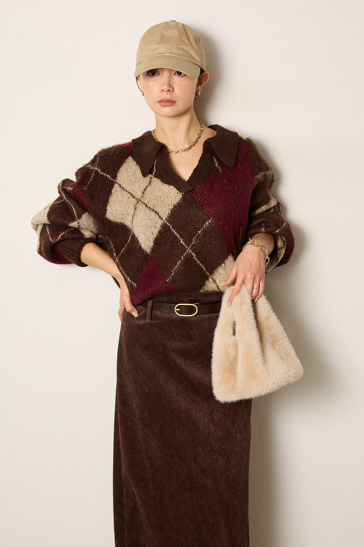 [SET]アクリルモヘアアーガイルキーネックプルオーバー+ロープベルト付きスウェード調スカート(2set)