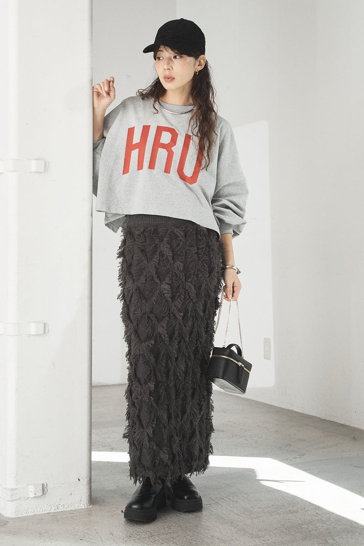 [SET]ビッグロゴHRU袖ボリュームトップス+カットフリンジニットタイトスカート(2set)