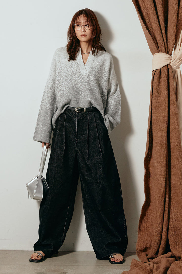 [SET]グラデーションラメニットキーネックプルオーバー+フロントタック入りコーデュロイパンツ(2set)
