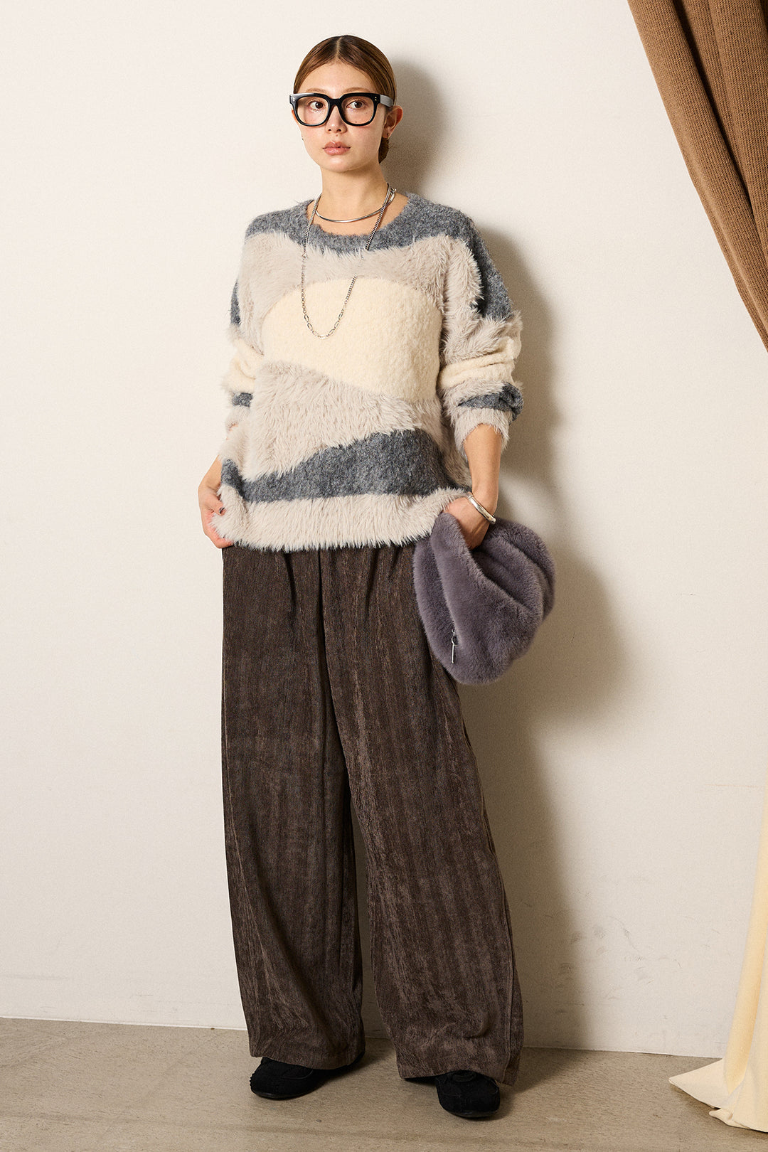 [SET]シャギーウェーブ柄クルーネックニットトップス+かすれデザインワイドパンツ(2set)