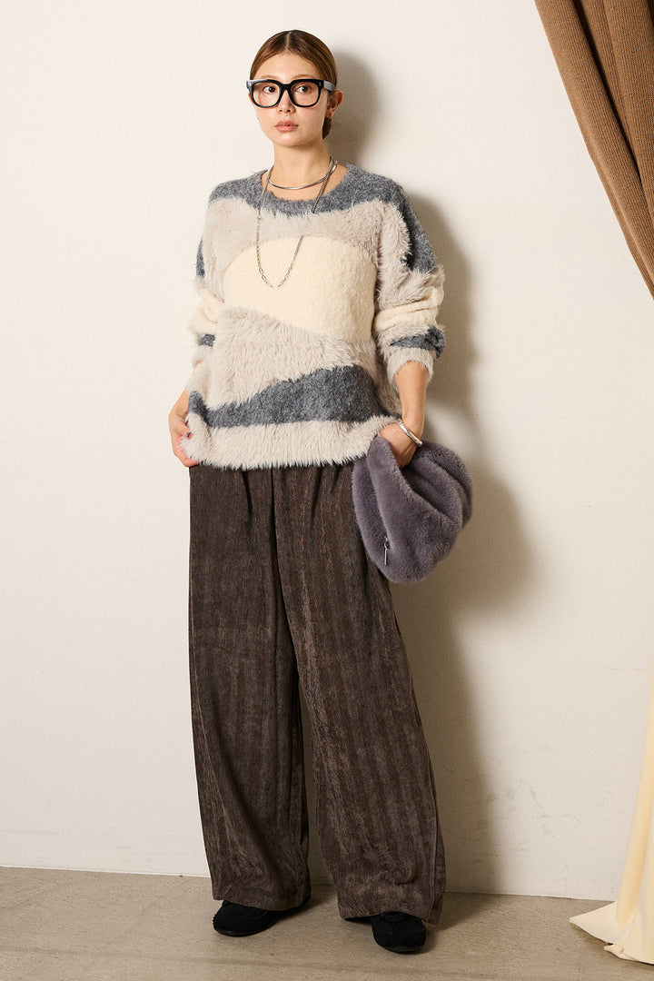 [SET]シャギーウェーブ柄クルーネックニットトップス+かすれデザインワイドパンツ(2set)