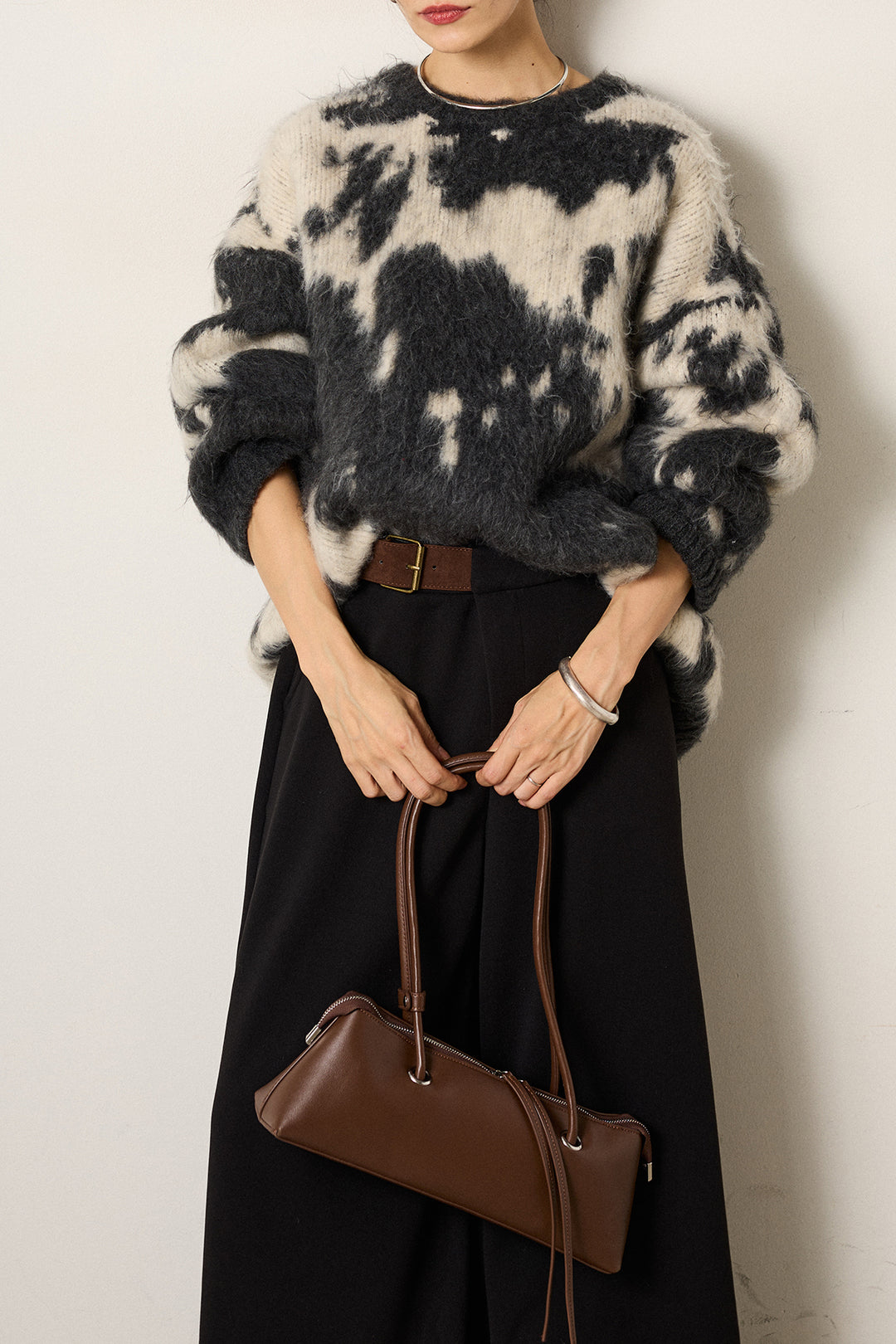 [SET]モヘアタッチマーブルニット+サイドベルトパンツ(2set)