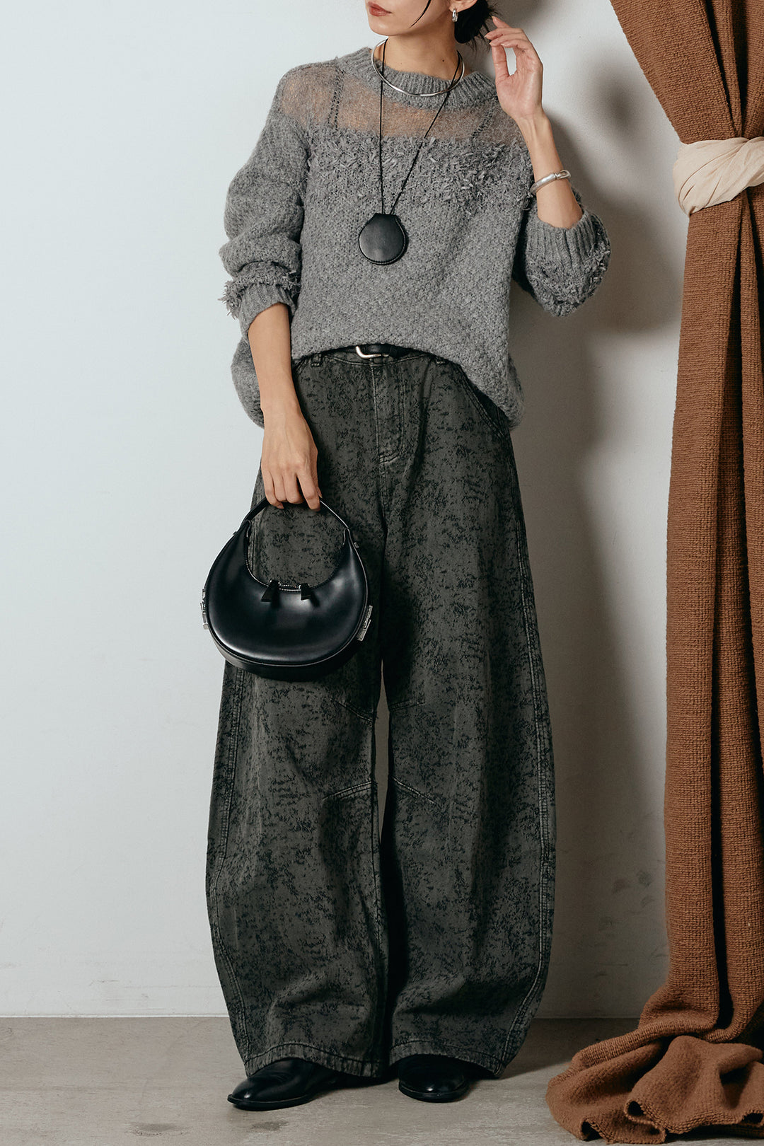 [SET]パターンランダム編みニットトップス+ベルト付きニュアンス柄カーブワイドパンツ(2set)