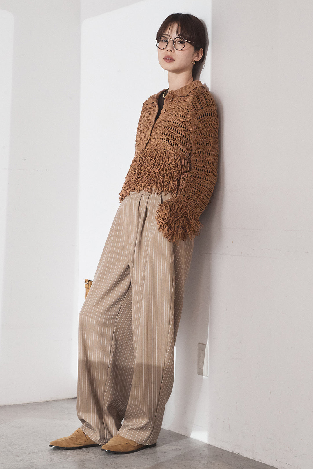 [SET]メッシュフリンジカーディガン+ヘリンボーンストライプツータックパンツ(2set)