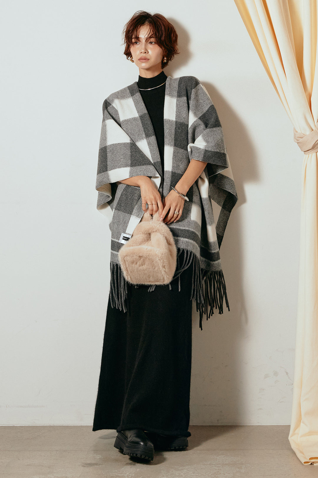 [SET]裾フリンジ柄ポンチョアウター+ノースリーブニットロングワンピース(2set)