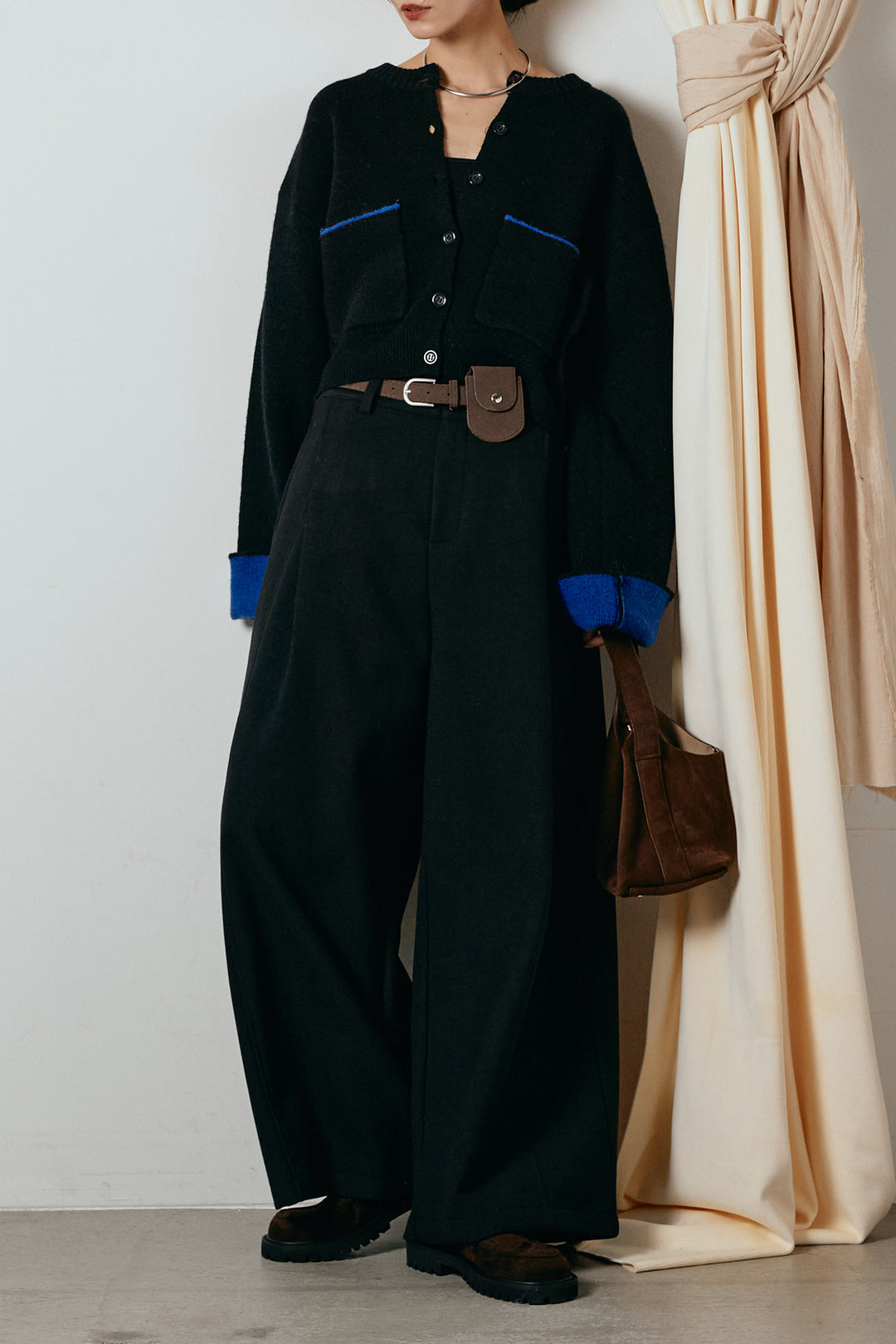 [SET]アルパカタッチダブルフェイスカーディガン+ポーチベルト付きカーブパンツ(2set)