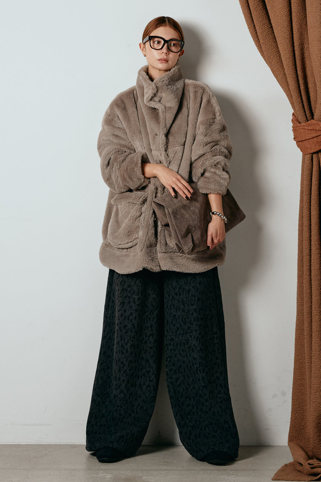 [SET]スタンドネックファーコート+レオパードジャガードニットパンツ(2set)