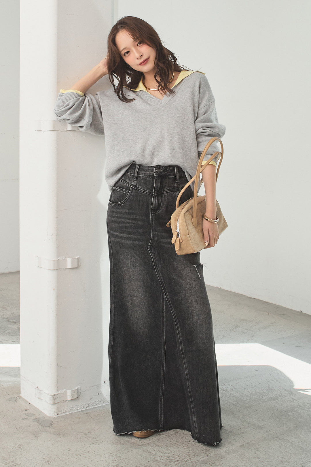 [SET]バイカラーニットレイヤード風プルオーバー+Aラインデニムスカート(2set)