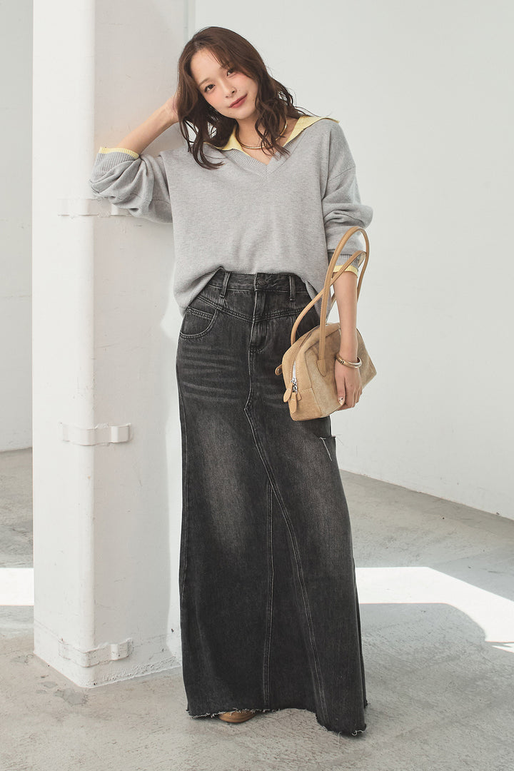 [SET]バイカラーニットレイヤード風プルオーバー+Aラインデニムスカート(2set)