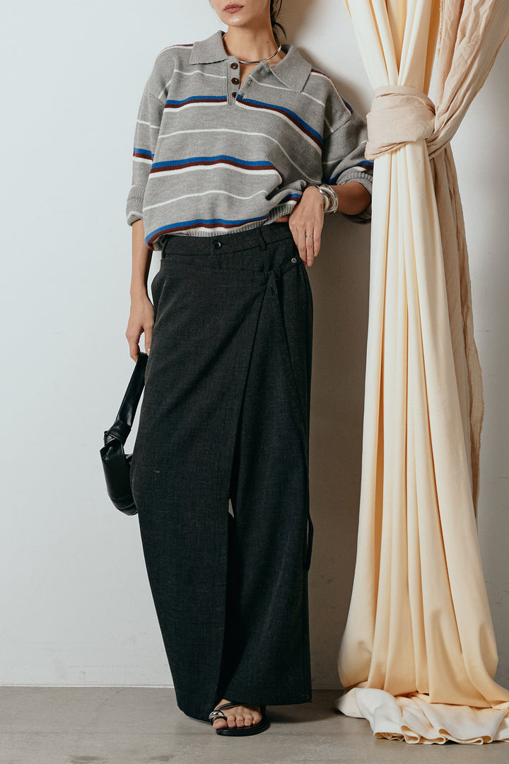 [SET]襟付きマルチボーダーニットポロトップス+ラップ巻きワイドスラックス(2set)