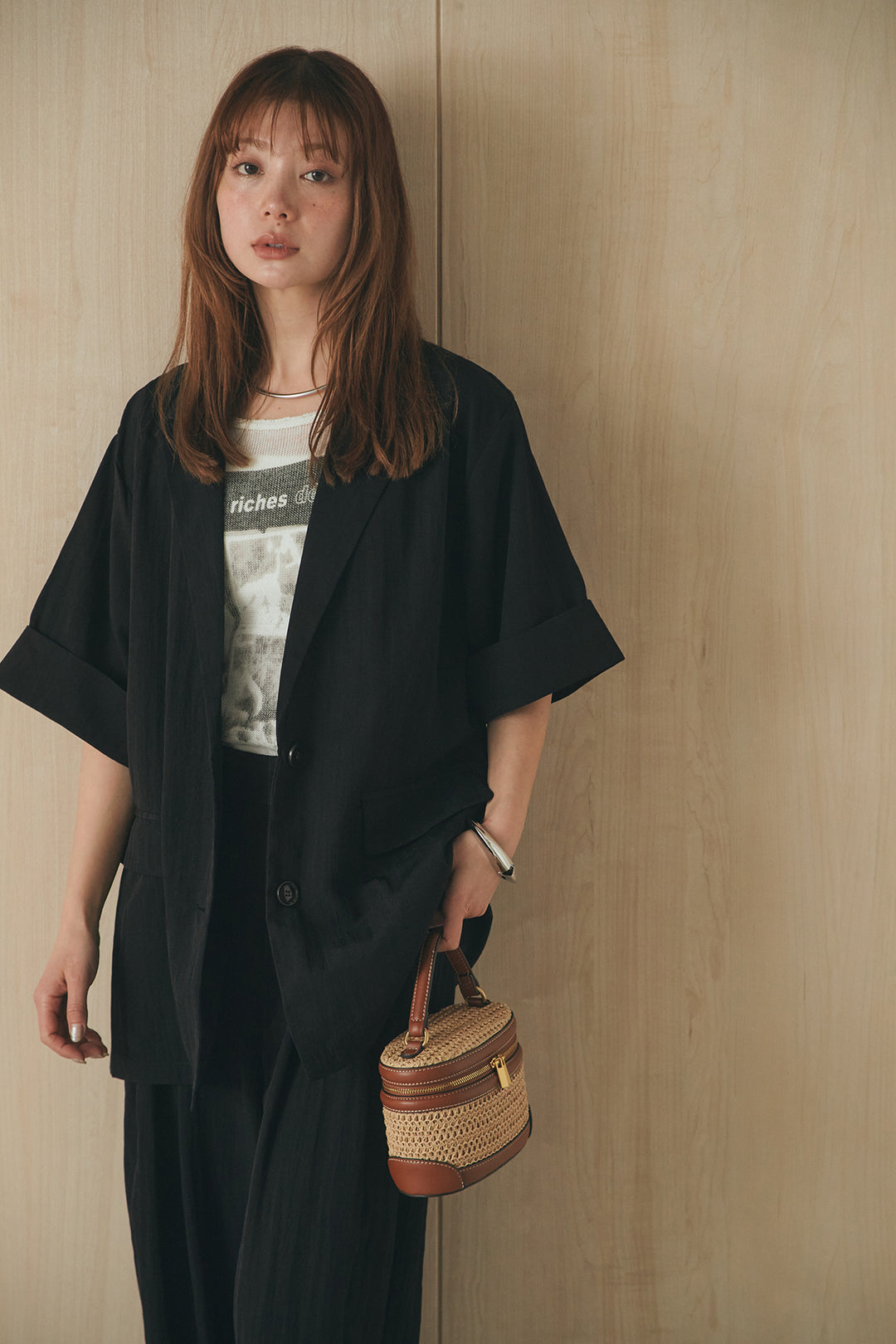 [SET]リネンライクテーラードハーフスリーブジャケット+リネンライク2タックワイドパンツ+半袖モノトーングラフィックトップス(3set)