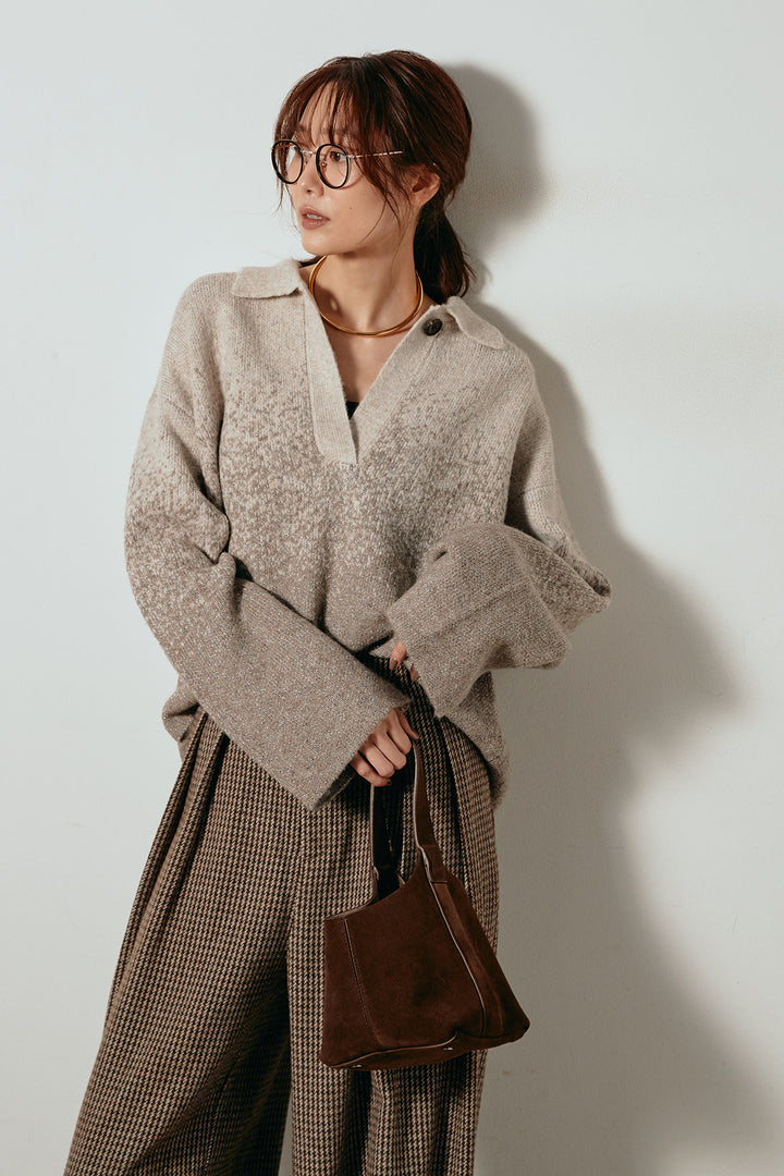 [SET]グラデーションラメニットキーネックプルオーバー+ガンクラブチェックタックパンツ(2set)