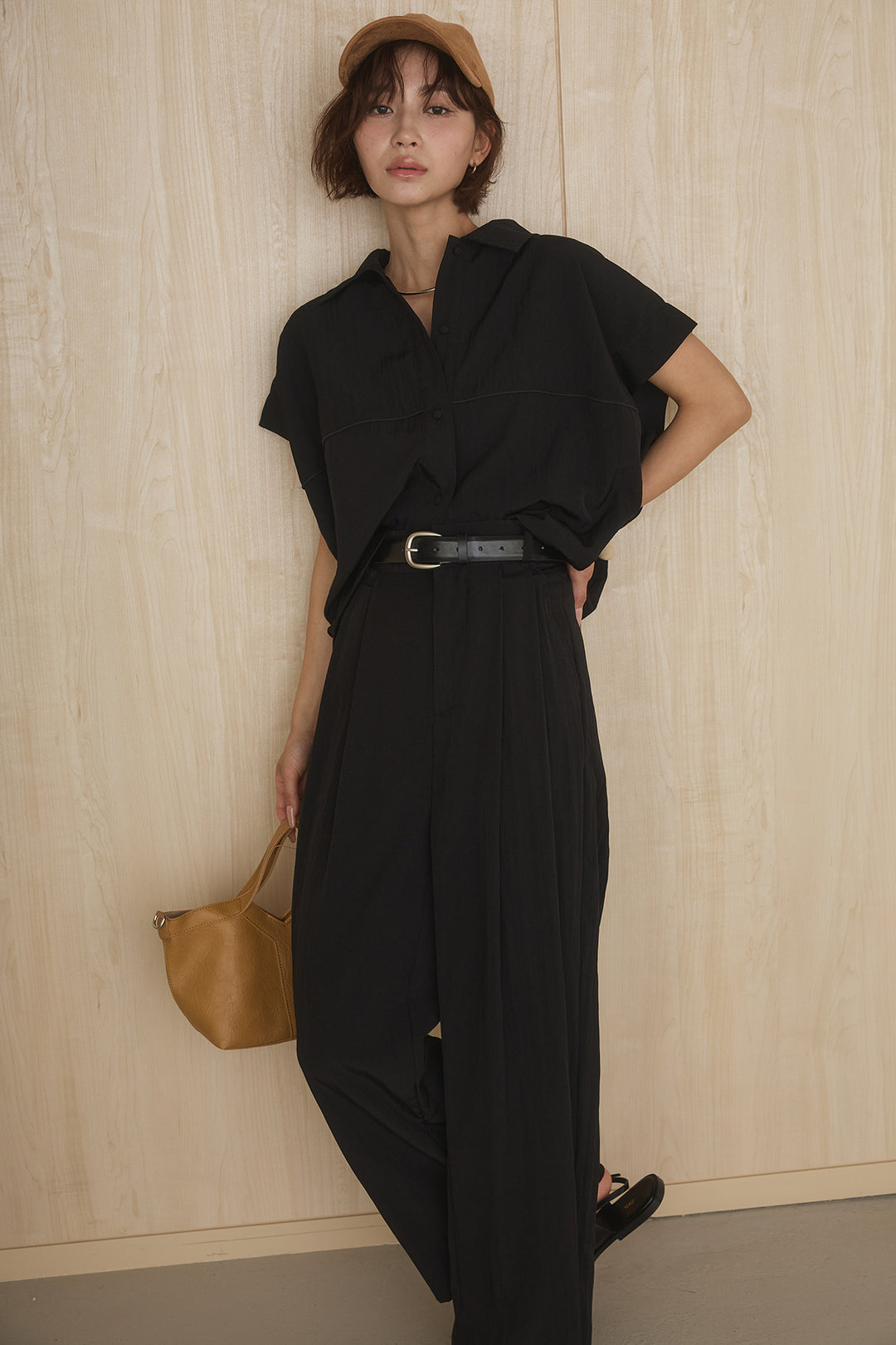 [SET]リネンライクランタンノースリシャツ+リネンライク2タックワイドパンツ(2set)