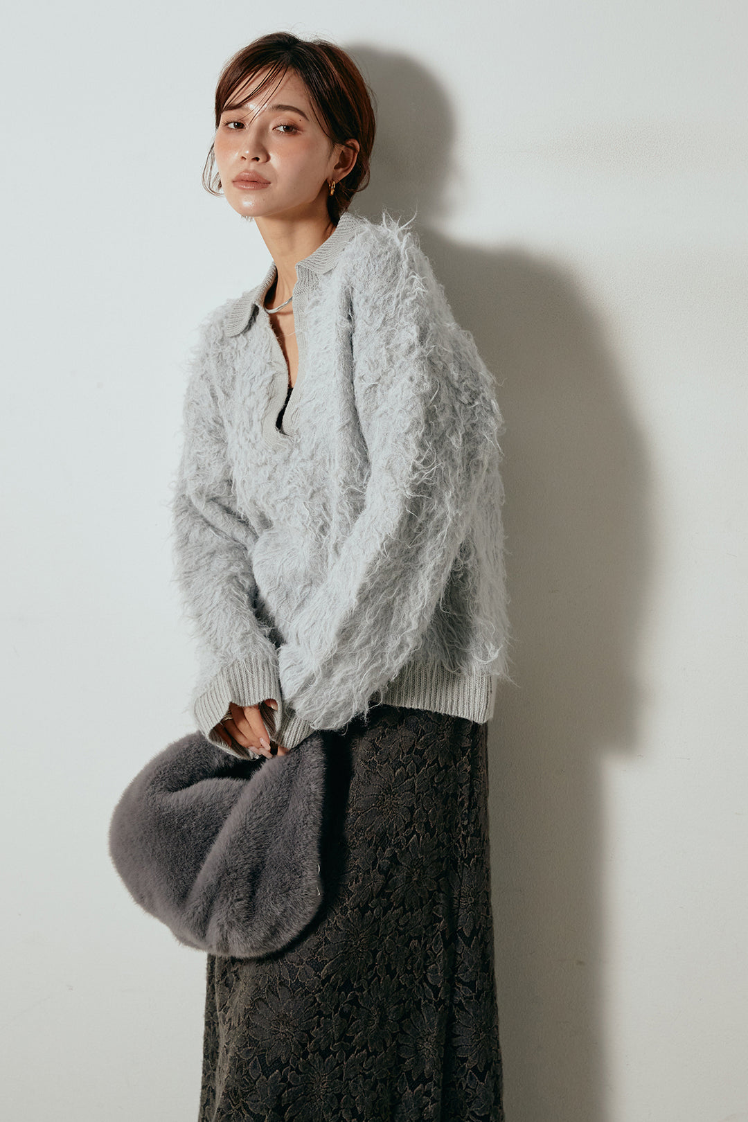 [SET]襟付きシャギーニットポロトップス+花柄刺繍ベロアフレアスカート(2set)