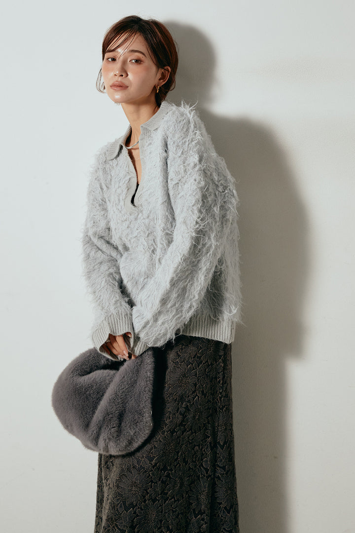 [SET]襟付きシャギーニットポロトップス+花柄刺繍ベロアフレアスカート(2set)