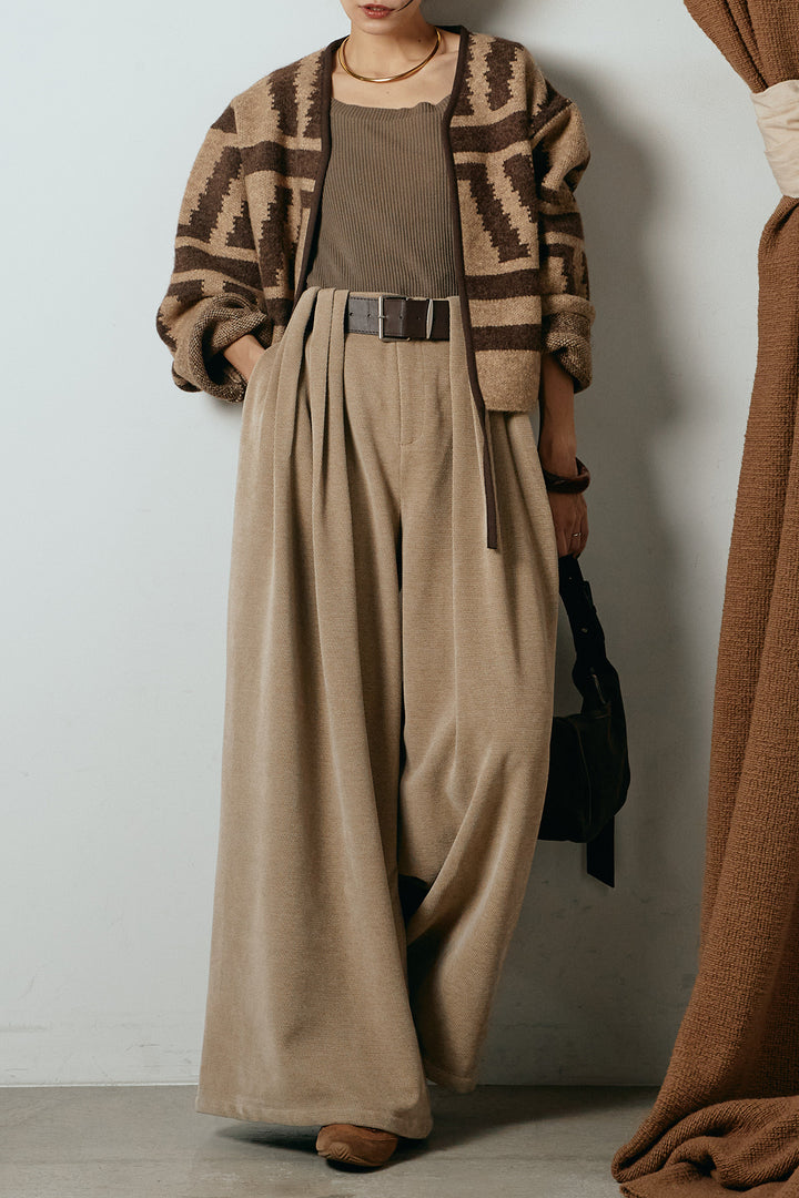 [SET]ノーカラー幾何学模様アウター+ベルトループコーデュロイワイドパンツ(2set)