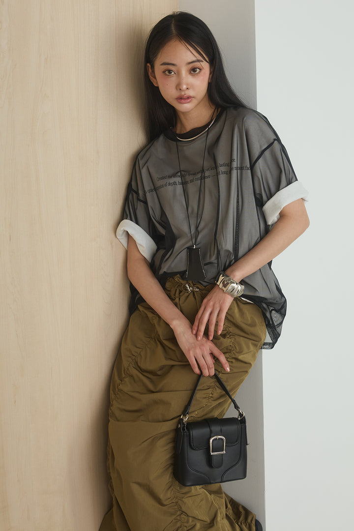 [SET]綿天竺Tシャツ×チュールトップス+ギャザーナロースカート(2set)