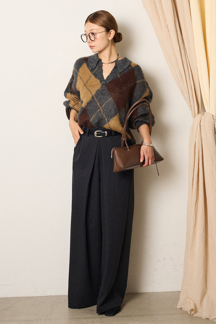 [SET]アクリルモヘアアーガイルキーネックプルオーバー+フロントワイドタックネップ入ワイドパンツ(2set)