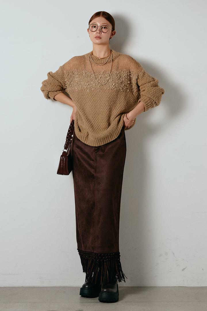 [SET]パターンランダム編みニットトップス+スウェードライク裾フリンジスカート(2set)