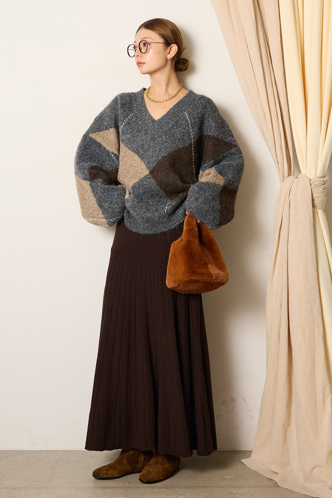 [SET]ルーズアーガイルVネックニット+編み地切り替えフレアニットスカート(2set)