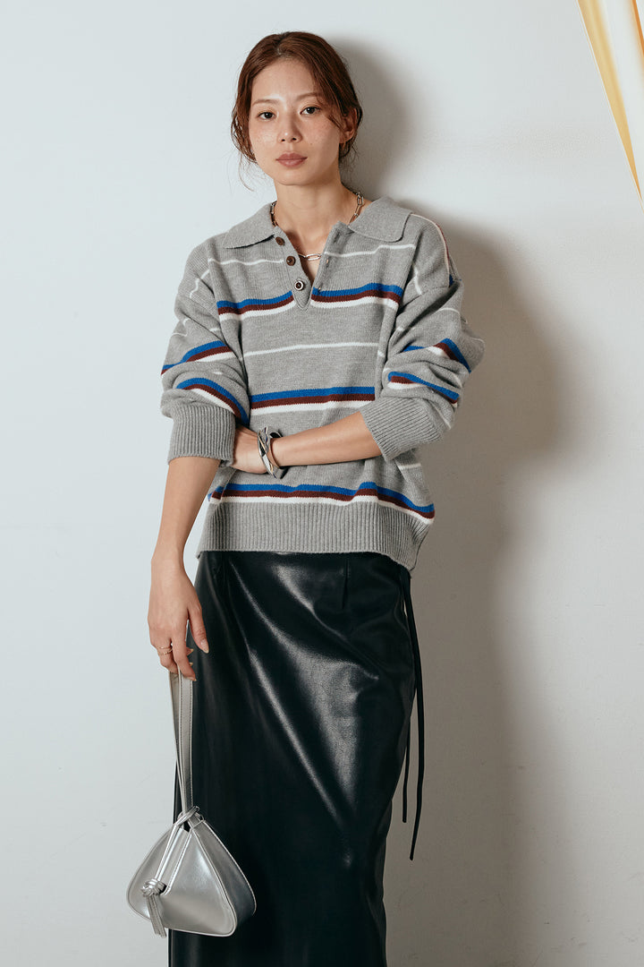 [SET]襟付きマルチボーダーニットポロトップス+紐付きフェイクレザーワイドスカート(2set)