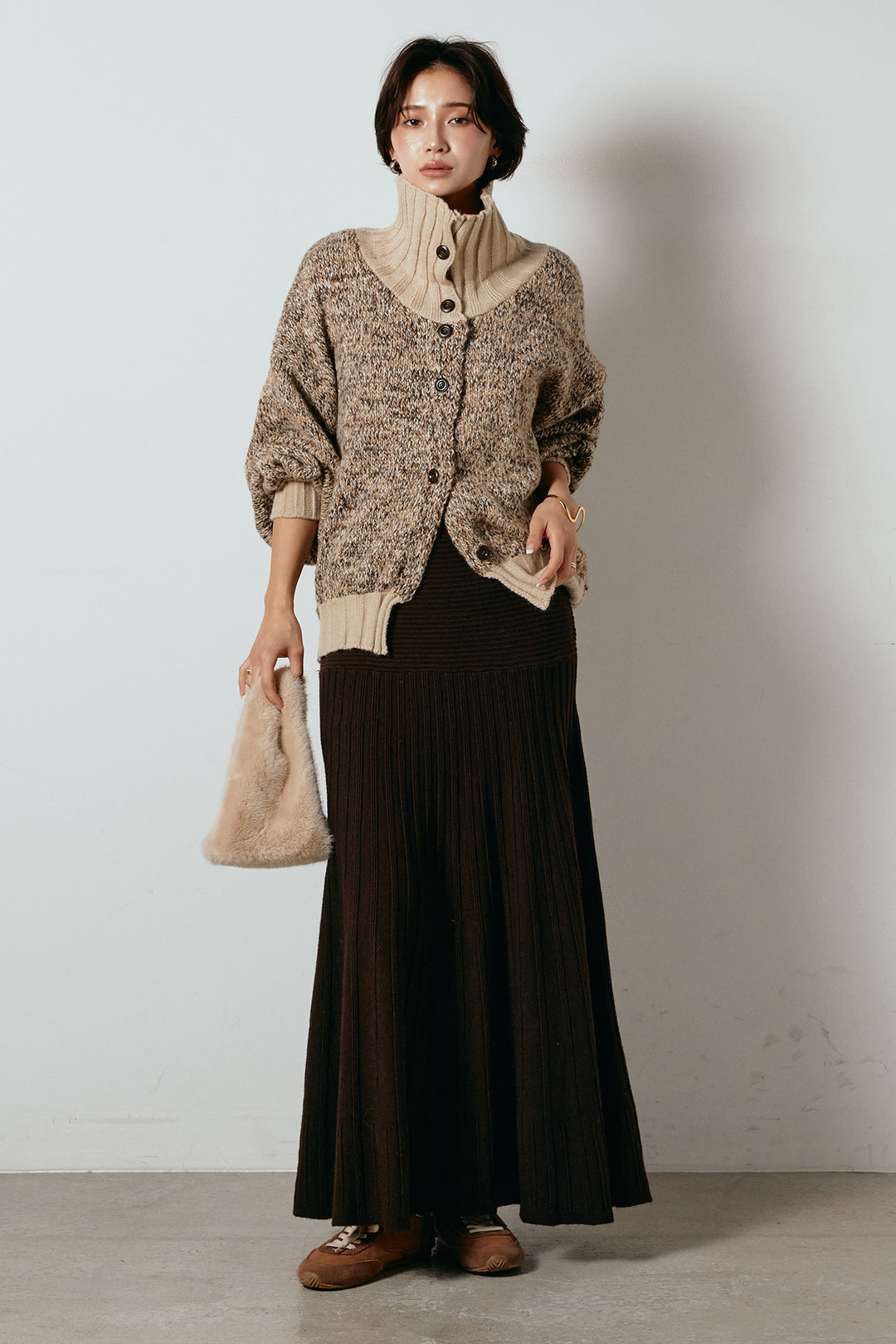 [SET]ハイネックミックスニットカーディガン+編み地切り替えフレアニットスカート(2set)