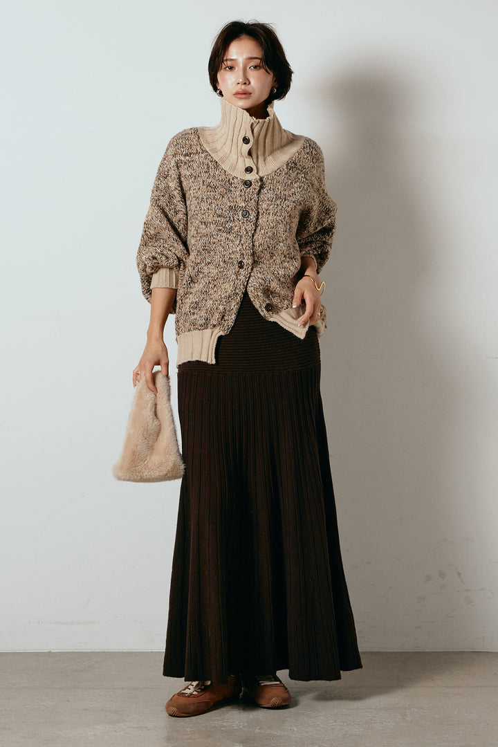 [SET]ハイネックミックスニットカーディガン+編み地切り替えフレアニットスカート(2set)