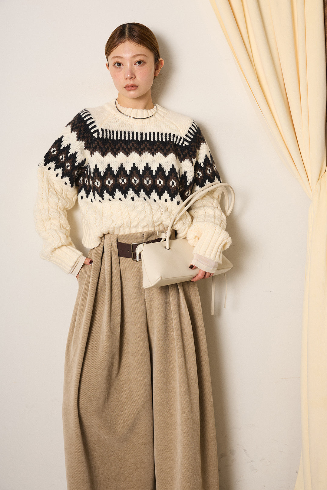 [SET]2WAY求心柄ジャガードショートカーディガン+ベルトループコーデュロイワイドパンツ+2WAY袖コード刺繍クルーネックプルオーバー(3set)