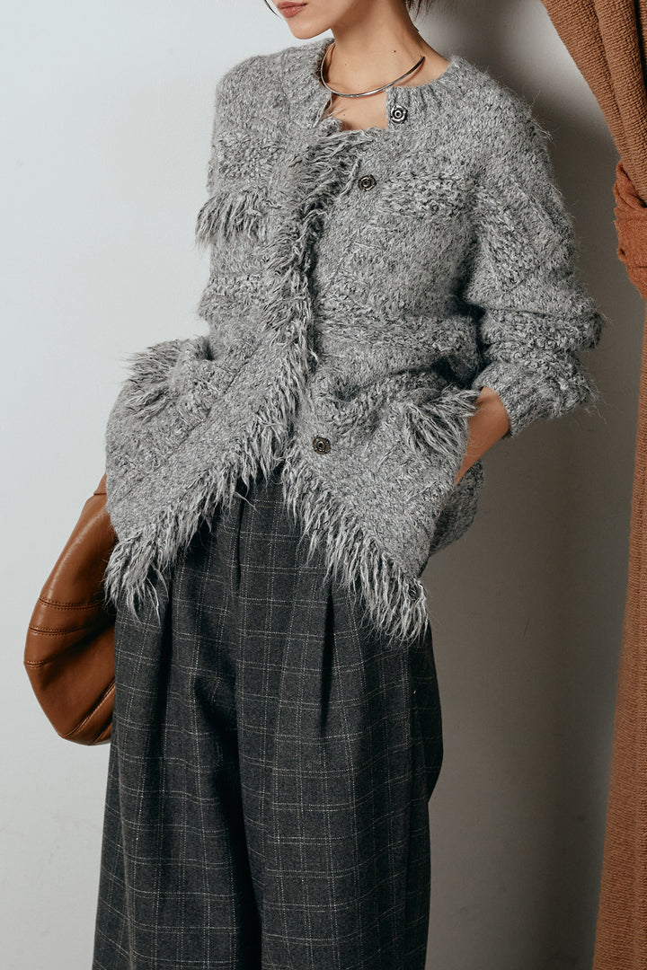 [SET]フリンジニットカーディガン+ウールライクチェックタックパンツ(2set)