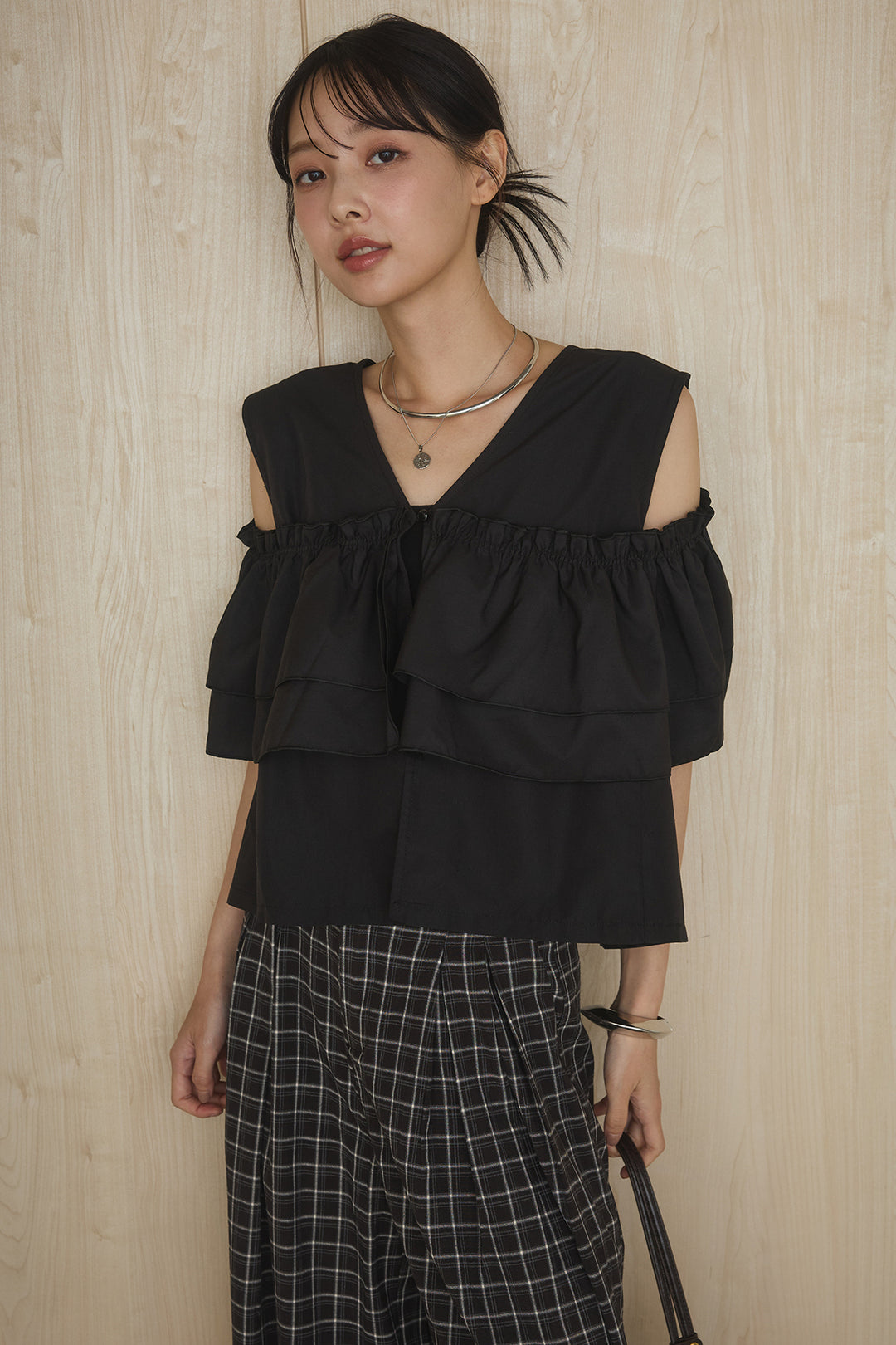 [SET]ブロード2wayフリルトップス+ツータックチェックワイドパンツ(2set)