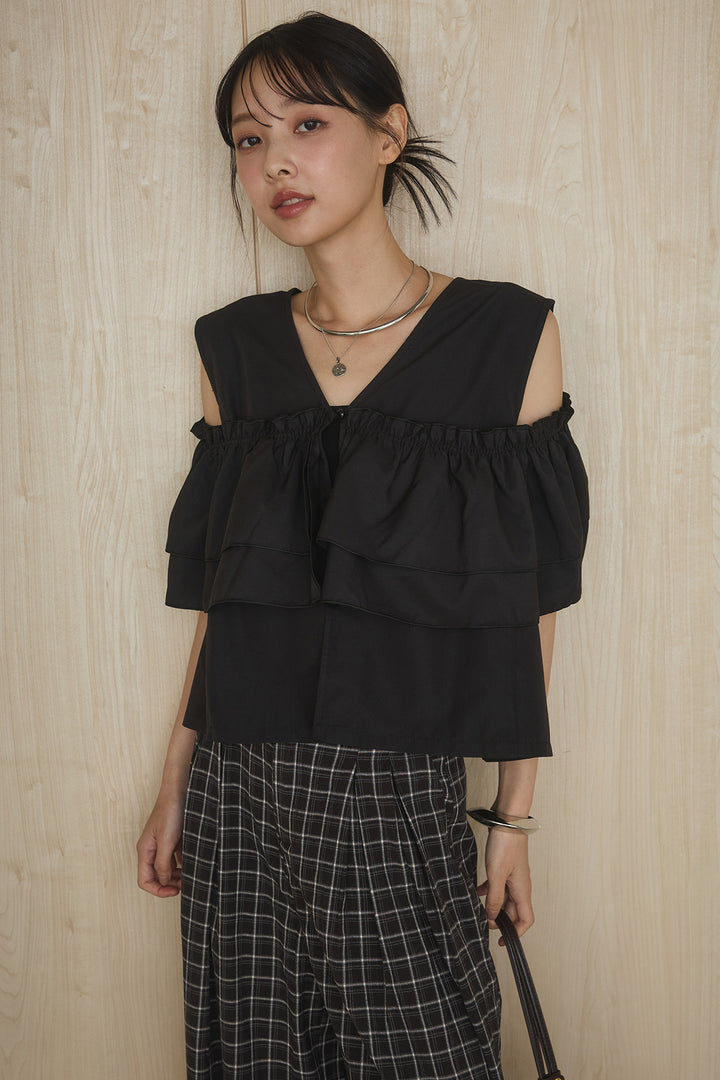 [SET]ブロード2wayフリルトップス+ツータックチェックワイドパンツ(2set)