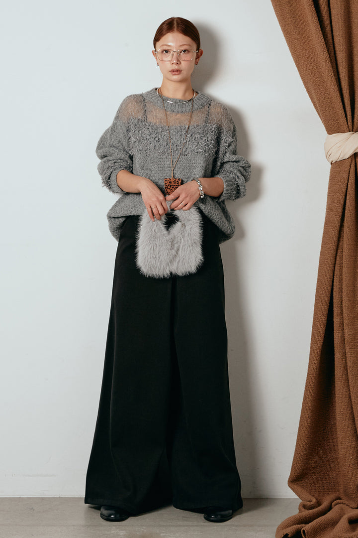 [SET]パターンランダム編みニットトップス+ベルト付きフロントタックデザインパンツ(2set)