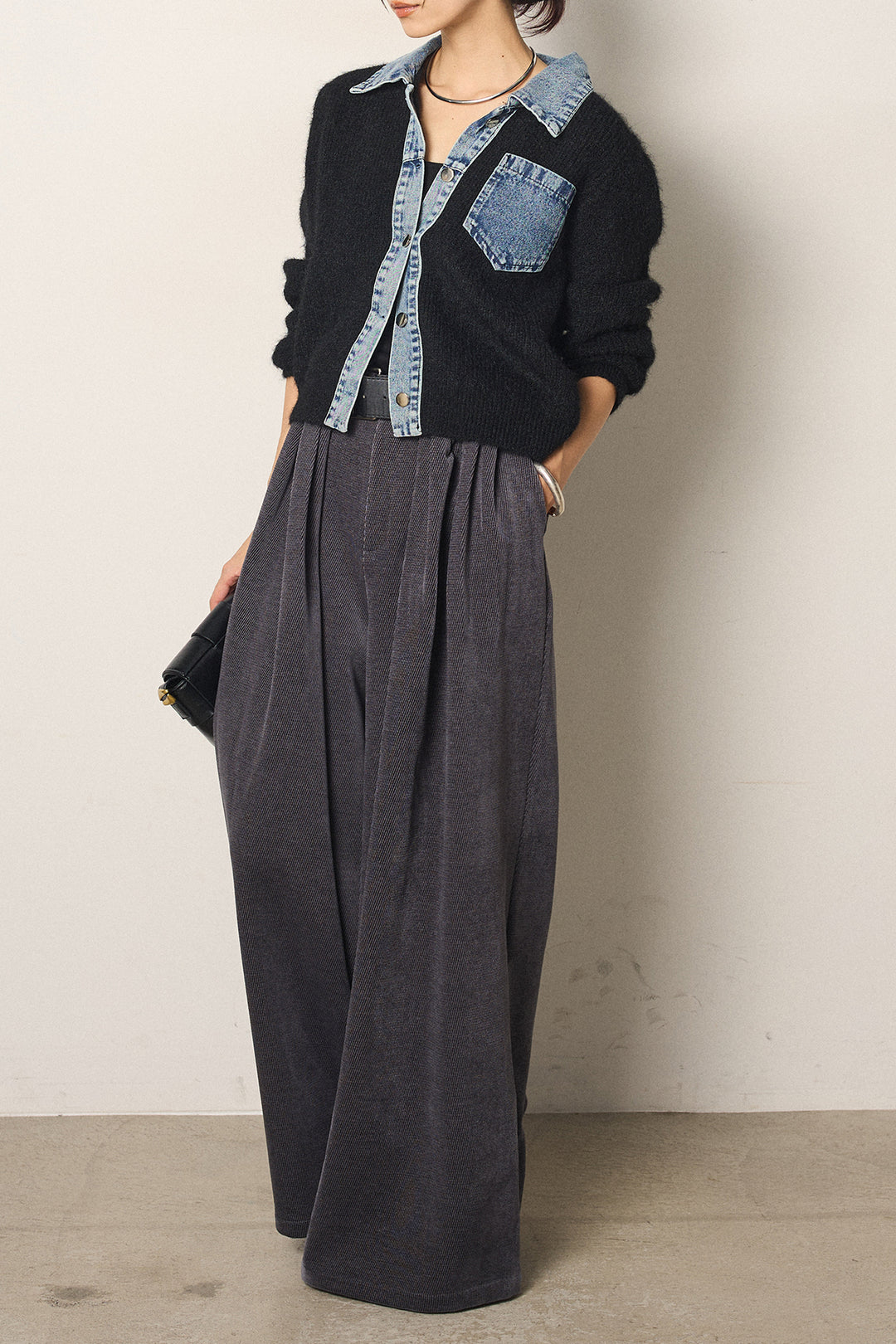 [SET]襟付きデニム切替ニットカーディガン+ベルトループコーデュロイワイドパンツ(2set)