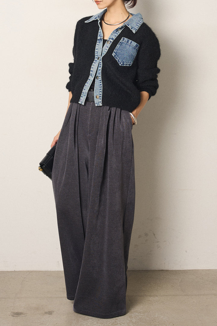 [SET]襟付きデニム切替ニットカーディガン+ベルトループコーデュロイワイドパンツ(2set)